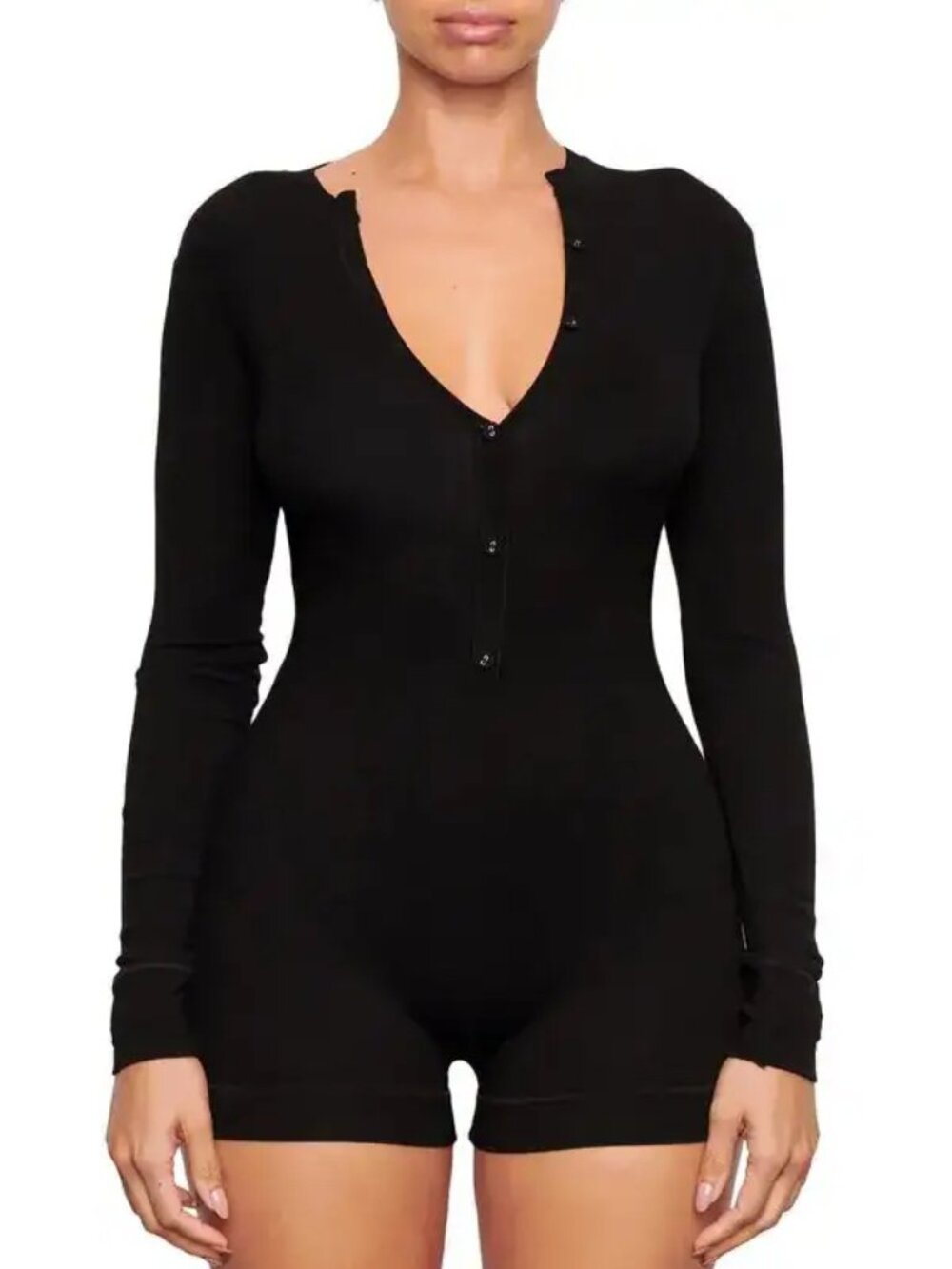 SKIMS Soft Lounge Long Sleeve Henley Romper Black Medium